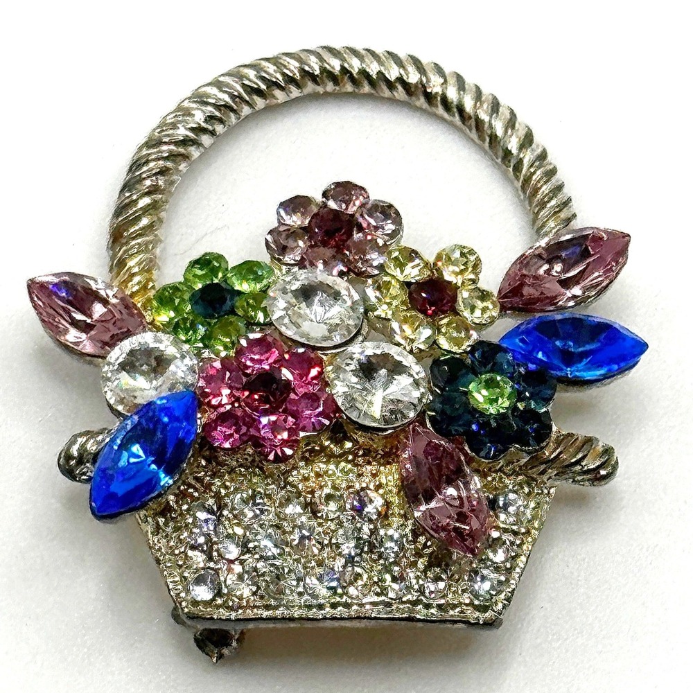 Vintage OTC Rhinestone Flower Basket Brooch Multi Color Silver Tone Pin Signed